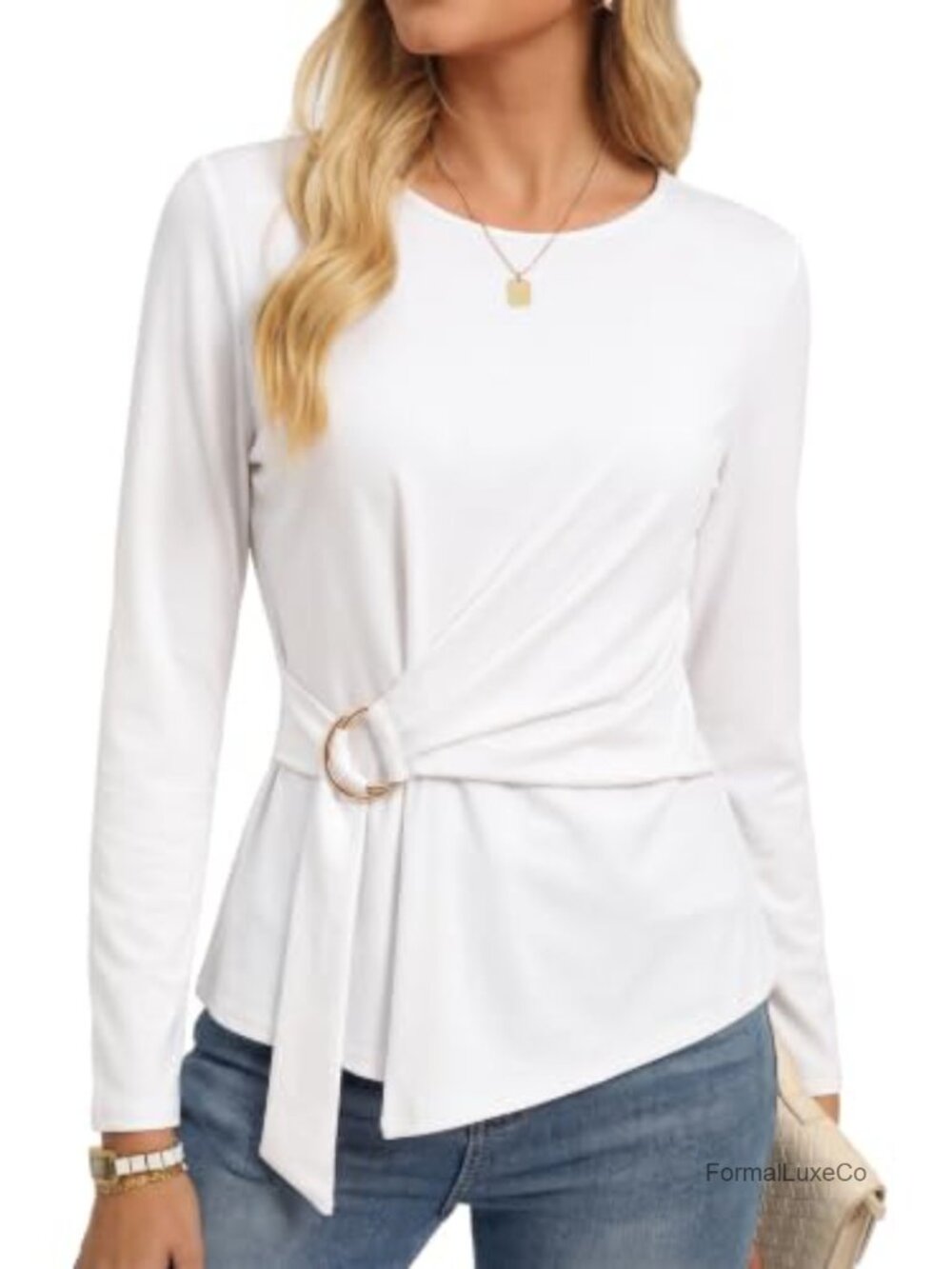 Long Sleeve Peplum Top Crew Neck Tie Waist Dressy Casual Blouse
